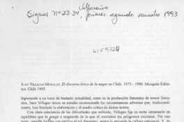 Juan Villegas Morales "El discurso lírico de la mujer en Chile  [artículo] Haydee Ahumada Peña.