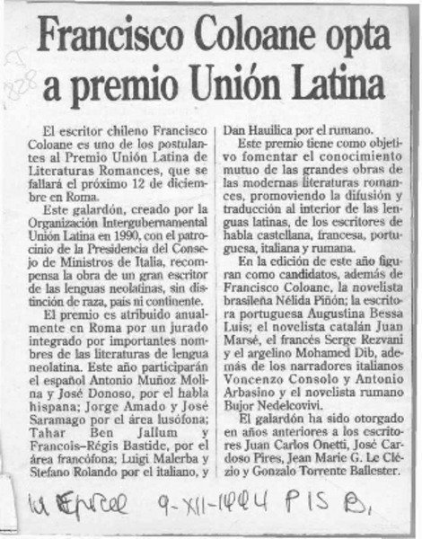 Francisco Coloane opta a premio Unión Latina  [artículo].
