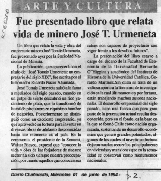 Fue presentado libro que relata vida de minero José T. Urmeneta  [artículo].