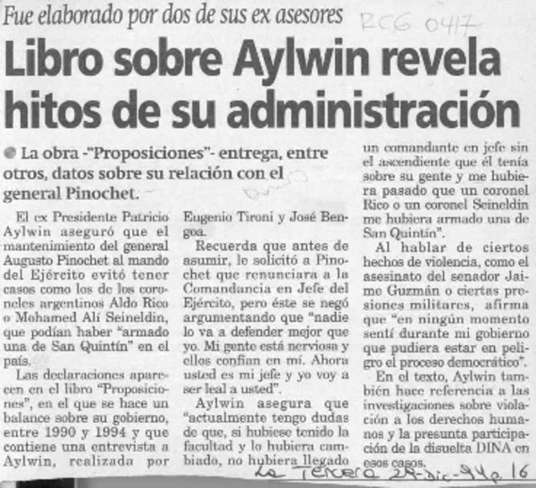 Libro sobre Aylwin revela hitos de su administración  [artículo].