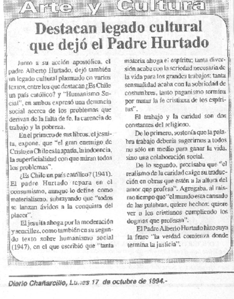 Destacan legado cultural que dejó el Padre Hurtado [artículo]. - Biblioteca  Nacional Digital de Chile