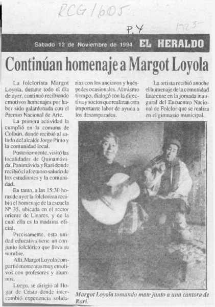 Continúan homenaje a Margot Loyola  [artículo].
