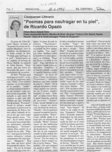 "Poemas para naufragar en tu piel", de Ricardo Opazo  [artículo] Edison Marcel Salgado Galaz.