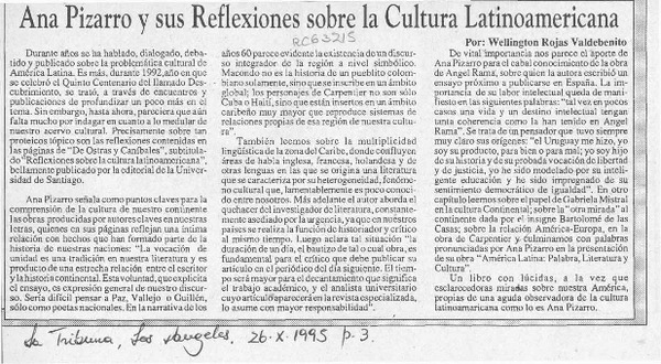 Ana Pizarro y sus reflexiones sobre la cultura latinoamericana  [artículo] Wellington Rojas Valdebenito.