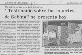 "Testimonio sobre las muertes de Sabina" se presenta hoy "Testimonio sobre las muertes de Sabina" se presenta hoy