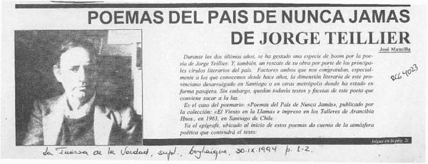 Poemas del país de nunca jamás, de Jorge Teillier  [artículo] José Mancilla.