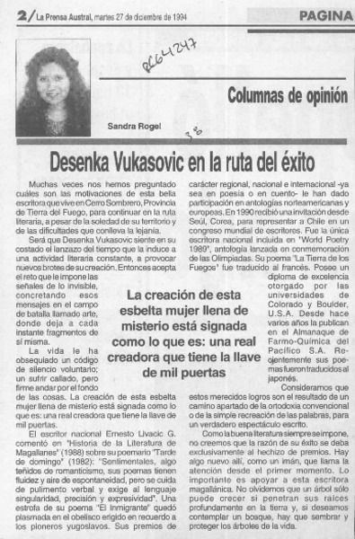Desenka Vukasovic en la ruta del éxito  [artículo] Sandra Rogel.