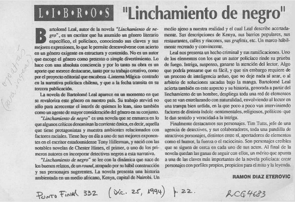 "Linchamiento de negro"  [artículo] Ramón Díaz Eterovic.