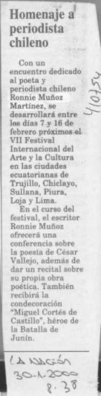Homenaje a periodista chileno  [artículo]