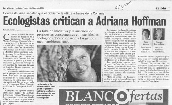 Ecologistas critican a Adriana Hoffman  [artículo] Kathya Alegría