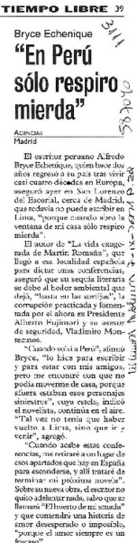 "En Perú sólo respiro mierda"  [artículo]