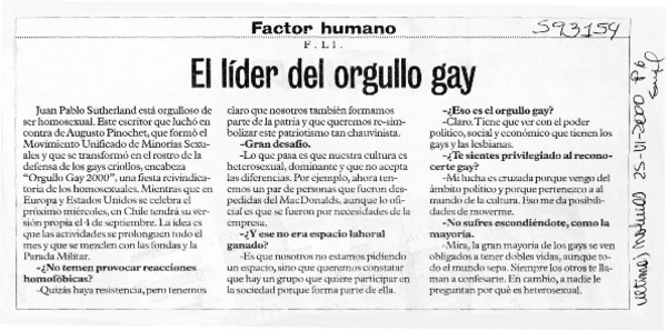 El líder del orgullo gay  [artículo] F. L.