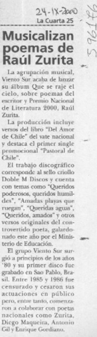 Musicalizan poemas de Raúl Zurita  [artículo]