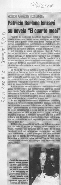 Patricio Barlone lanzará su novela "El cuarto Moai"  [artículo]