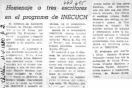 Homenaje a tres escritores en el programa de INECUCH.  [artículo]