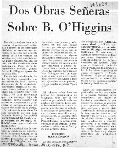 Dos obras señeras sobre B. O'Higgins  [artículo] A.