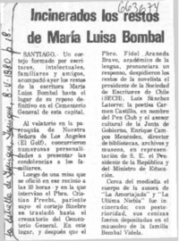 Incinerados los restos de María Luisa Bombal.  [artículo]