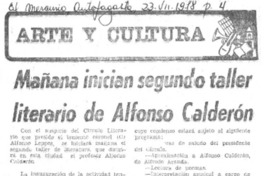 Mañana inician segundo taller literario de Alfonso Calderón.