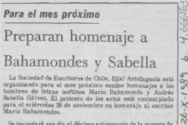 Preparan homenaje a Bahamondes y Sabella. Preparan homenaje a Bahamondes y Sabella.