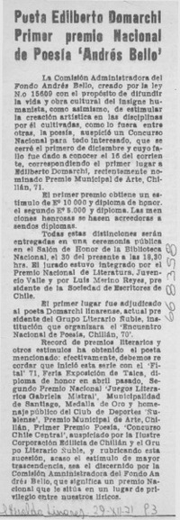 Poeta Edilberto Domarchi Primer Premio Nacional de Poesía "Andrés Bello".