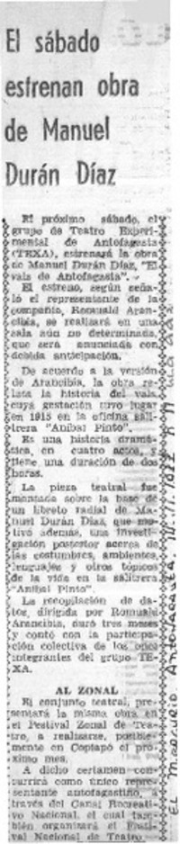 El Sábado estrenan obra de Manuel Durán Díaz. El Sábado estrenan obra de Manuel Durán Díaz.