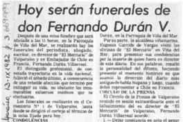 Hoy serán funerales de don Fernando Durán V. Hoy serán funerales de don Fernando Durán V.