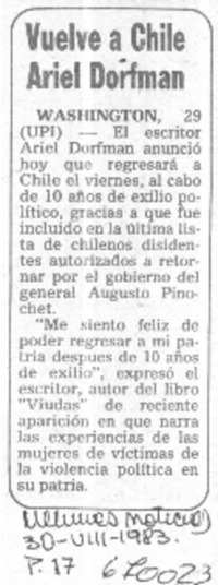 Vuelve a Chile Ariel Dorfman.