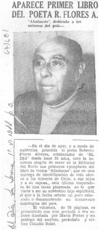 Aparece primer libro del poeta R. Flores A.
