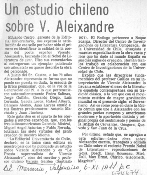 Un Estudio chileno sobre V. Aleixandre.