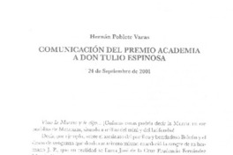 Comunicación del Premio Academia a don Tulio Espinosa Comunicación del Premio Academia a don Tulio Espinosa