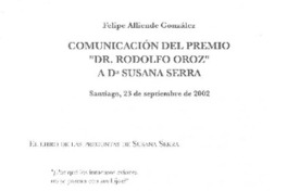 Comunicación del Premio "Dr. Rodolfo Oroz" a Da. Susana Serra.