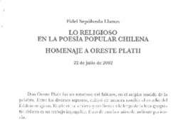Lo religioso en la poesía popular chilena, homenaje a Oreste Plath