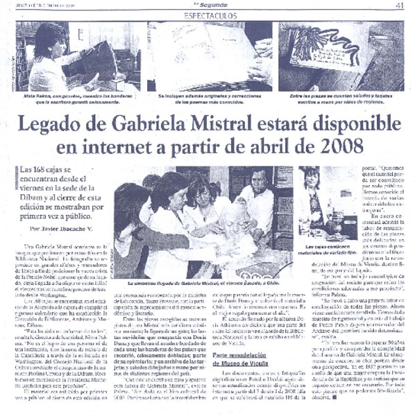 Legado de Gabriela Mistral estrá disponible en internet a partir de abril de 2008