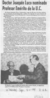 Doctor Joaquín Luco nominado profesor emérito de la U.C.