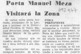Poeta Manuel Meza visitará la zona. Poeta Manuel Meza visitará la zona.