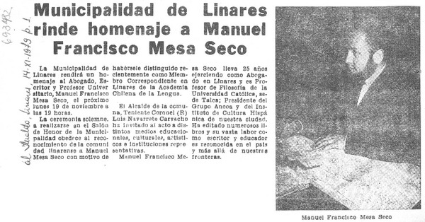 Municipalidad de Linares rinde homenaje a Manuel Francisco Mesa Seco.
