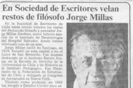 En Sociedad de Escritores velan restos de filósofo Jorge Millas. En Sociedad de Escritores velan restos de filósofo Jorge Millas.