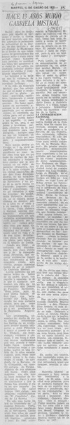 Hace 13 años murió Gabriela Mistral Hace 13 años murió Gabriela Mistral