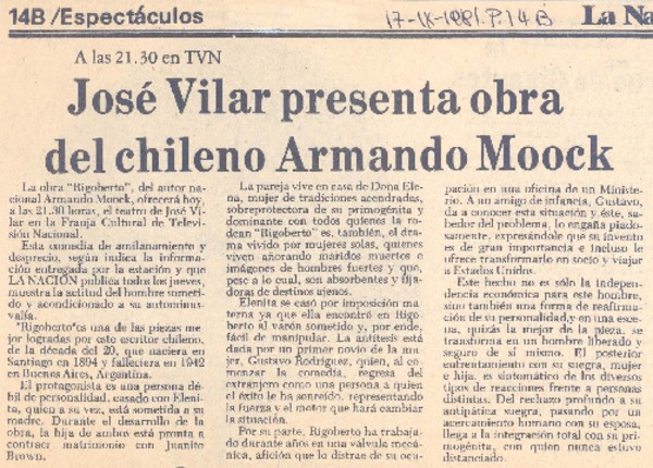 José Vilar presenta obra del chileno Armando Moock. José Vilar presenta obra del chileno Armando Moock.