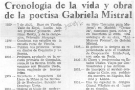 Cronología de la vida y obra de la poetisa Gabriela Mistral. Cronología de la vida y obra de la poetisa Gabriela Mistral.