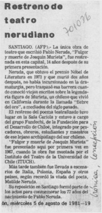 Restreno de teatro nerudiano.