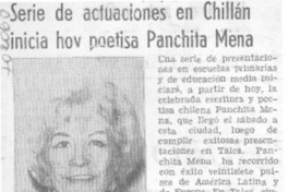 Serie de actuaciones en Chillán inicia hoy poetisa Panchita Mena.