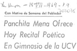 Panchita Mena ofrece hoy recital poético en gimnasio de la UCV. Panchita Mena ofrece hoy recital poético en gimnasio de la UCV.