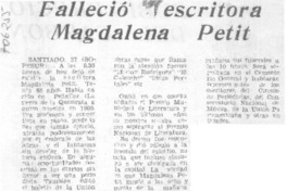 Falleció escritora Magdalena Petit. Falleció escritora Magdalena Petit.