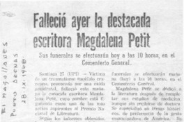 Falleció ayer la destacada escritora Magdalena Petit. Falleció ayer la destacada escritora Magdalena Petit.