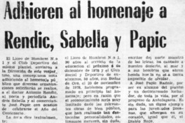 Adhieren al homenaje a Rendic, Sabella y Papic.