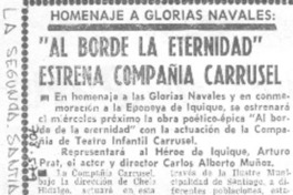 "Al Borde de la eternidad" estrena compañía Carrusel. "Al Borde de la eternidad" estrena compañía Carrusel.