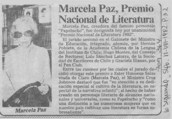 Marcela Paz, Premio Nacional de Literatura. Marcela Paz, Premio Nacional de Literatura.