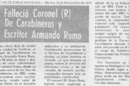Falleció coronel (r) de carabineros y escritor Armando Romo. Falleció coronel (r) de carabineros y escritor Armando Romo.