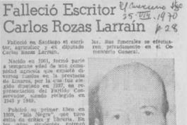 Falleció escritor Carlos Rozas Larraín. Falleció escritor Carlos Rozas Larraín.